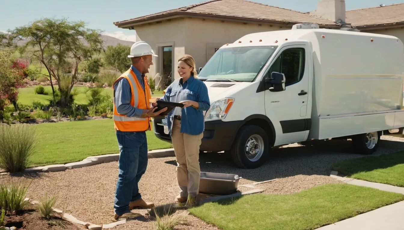 A friendly provider reviewing a septic repair plan with a homeowner in a Fremont backyard